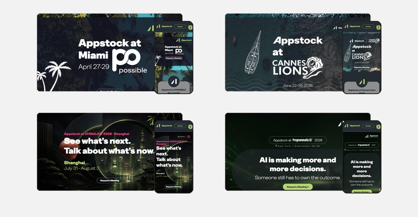עמודי הנחיתה של Appstock לכנסים POSSIBLE מיאמי, Cannes Lions, ChinaJoy ו־Programmatic IO, בדסקטופ ובמובייל